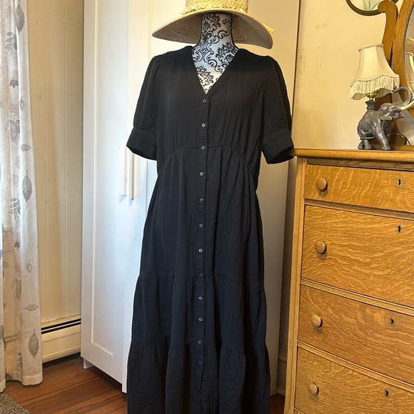 Madewell Lightspun Button-front Tiered Black Midi Dress Size 16 - Picture 7 of 12